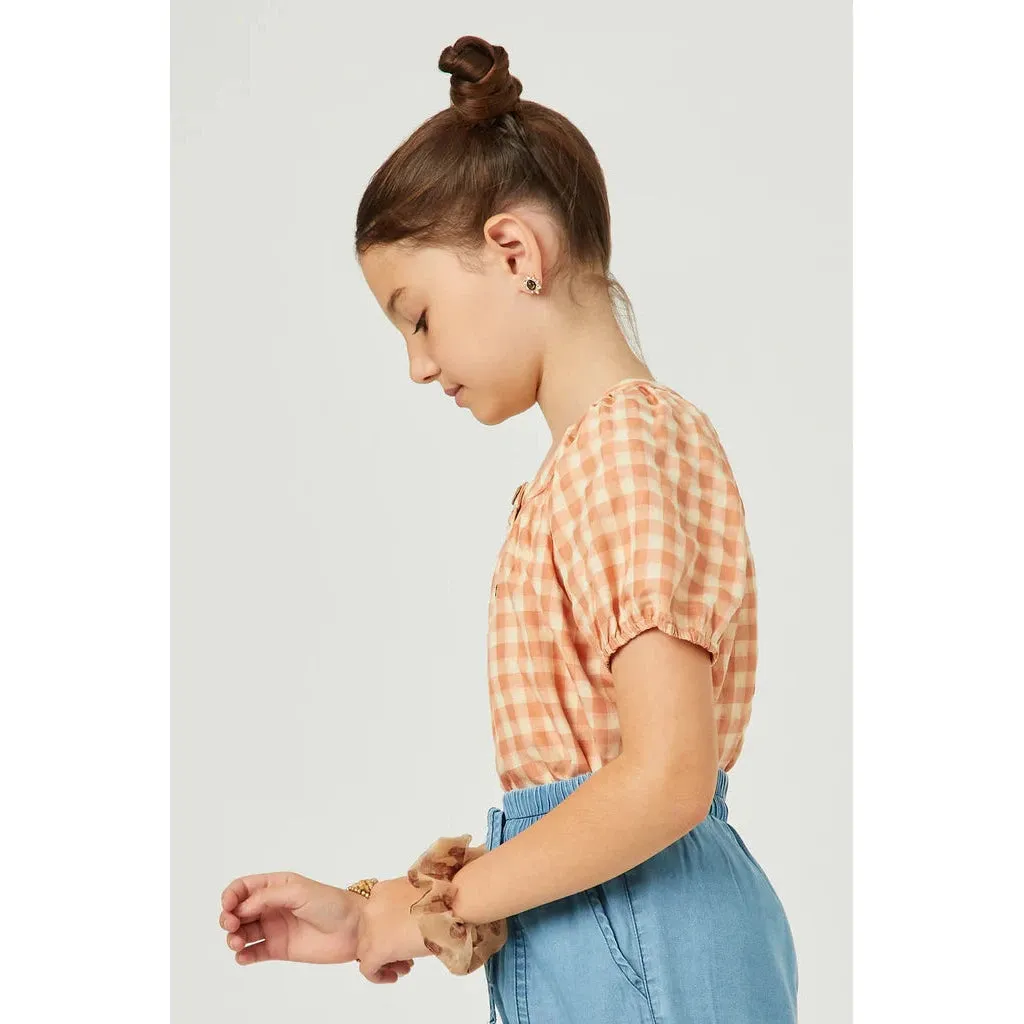 Hayden Girls Gingham Button Detail Puff Sleeve Scoop Neck Top