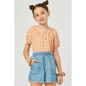 Hayden Girls Gingham Button Detail Puff Sleeve Scoop Neck Top