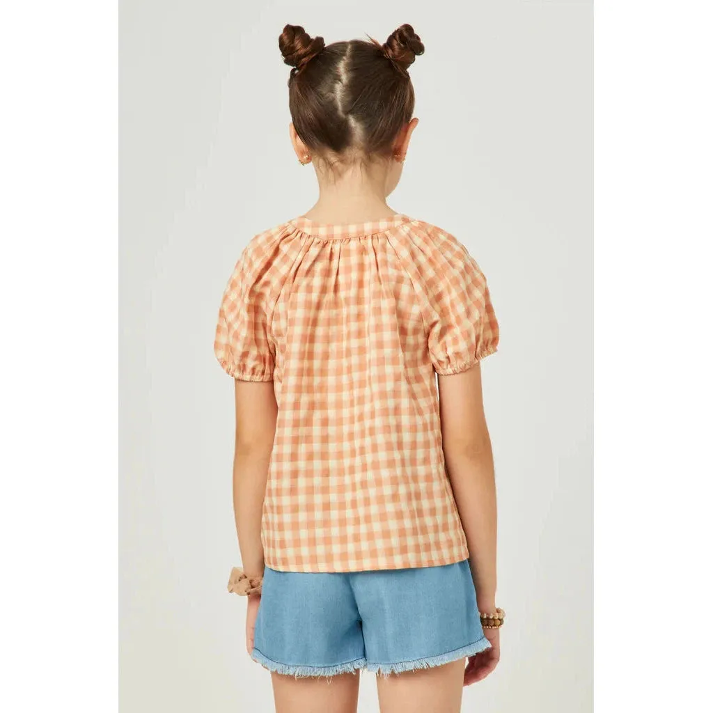 Hayden Girls Gingham Button Detail Puff Sleeve Scoop Neck Top