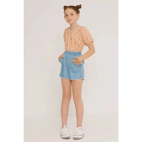 Hayden Girls Gingham Button Detail Puff Sleeve Scoop Neck Top