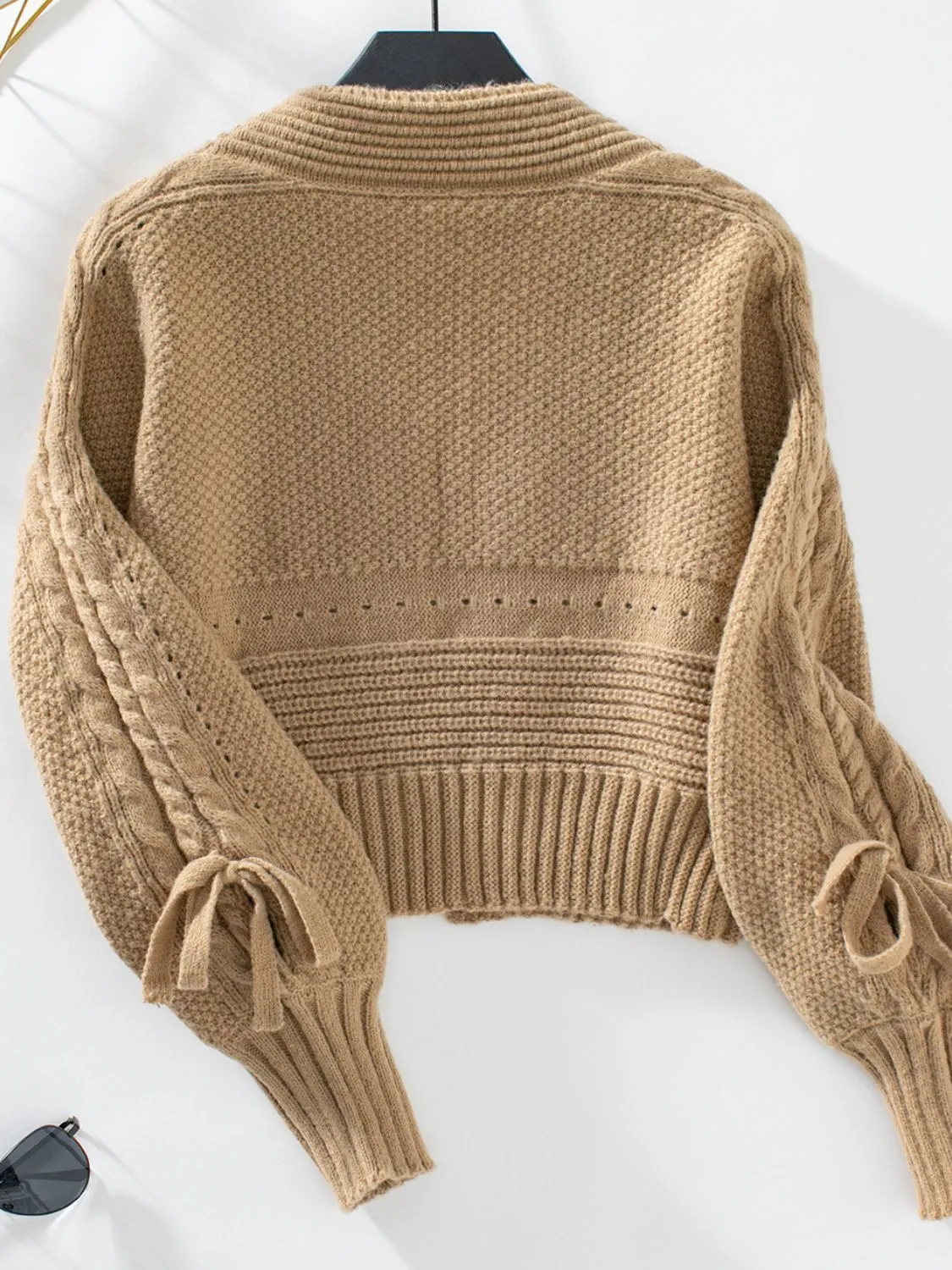 Hazel Blues® |  Cable-Knit Tied Open Front Lantern Sleeve Cardigan