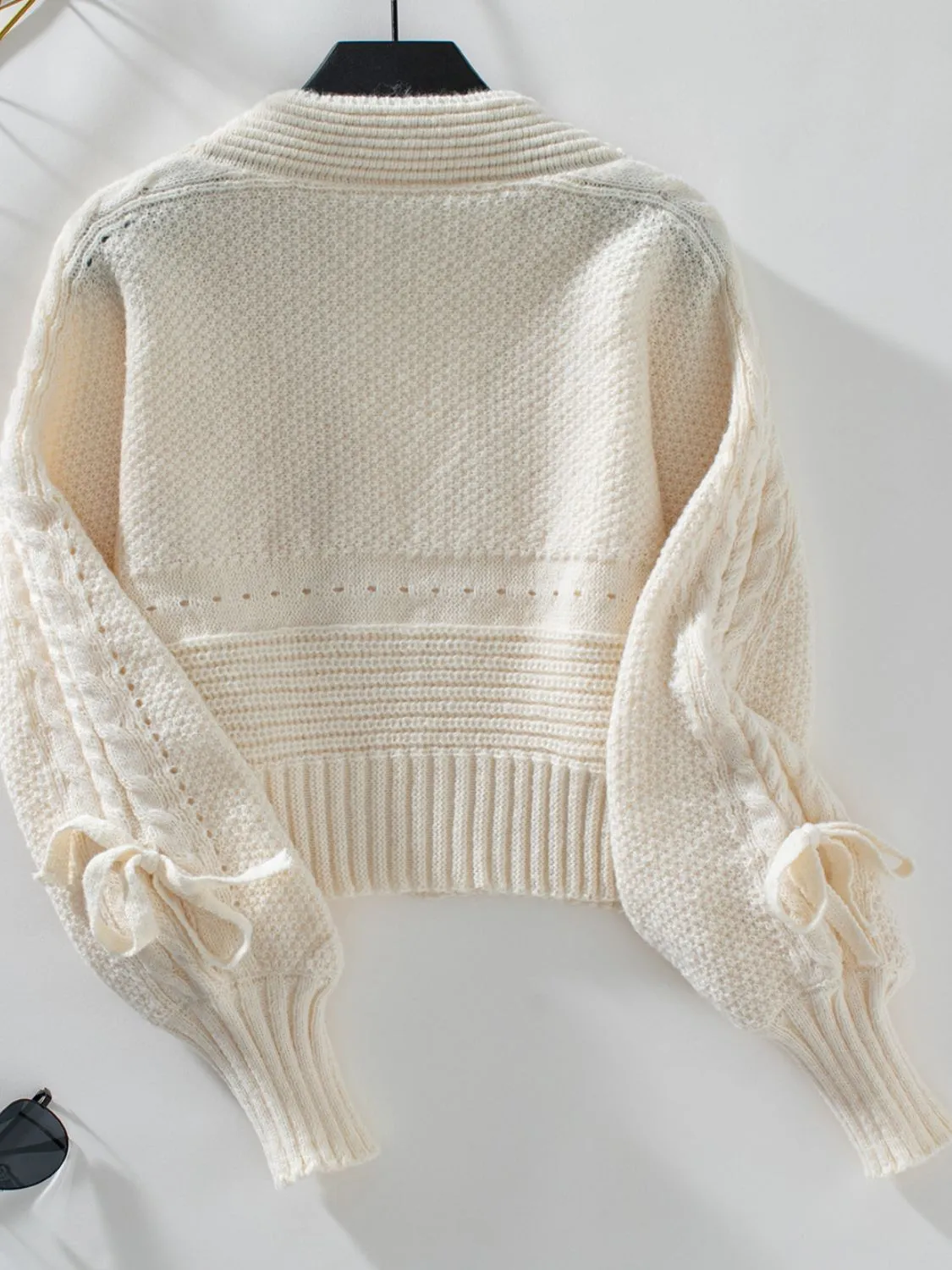 Hazel Blues® |  Cable-Knit Tied Open Front Lantern Sleeve Cardigan