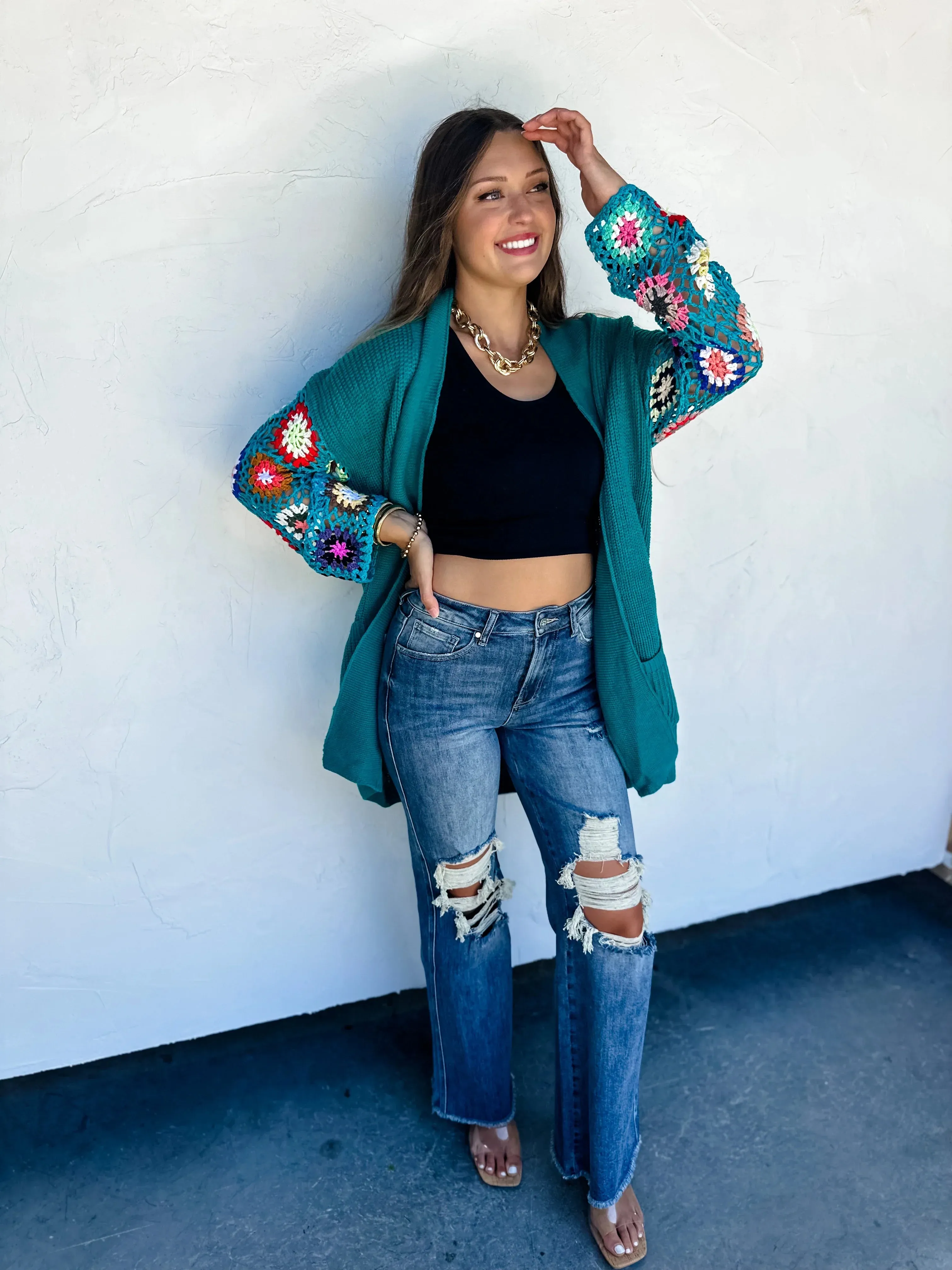 Hazel Blues® |  Crochet Sleeve Cardigan In Assorted Colors