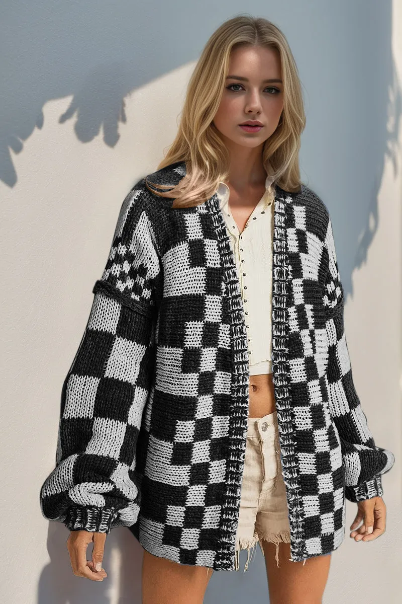 Hazel Blues® |  Double Take Open Front Checkered Drop Shoulder Cardigan
