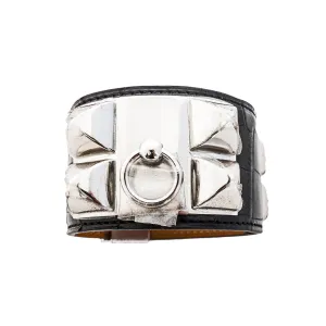 Hermes Matte Black Crocodile Gator PHW Collier de Chien CDC Leather Cuff Bracelet