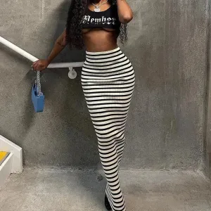 High-waisted Black And White Striped Straight Long Pencil Skirt