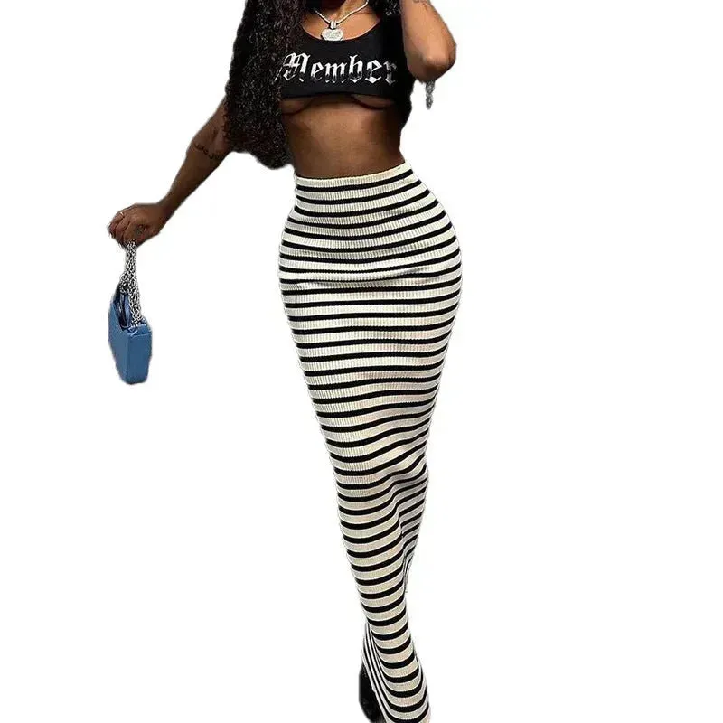 High-waisted Black And White Striped Straight Long Pencil Skirt