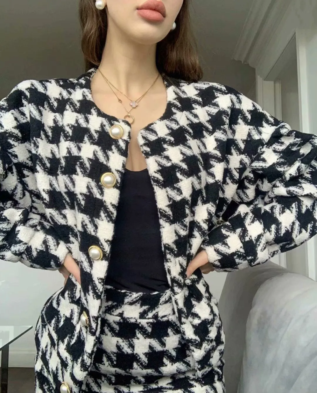 Houndstooth Beaded Buckle Long Sleeve Short Jacket Skirt Dress Suit