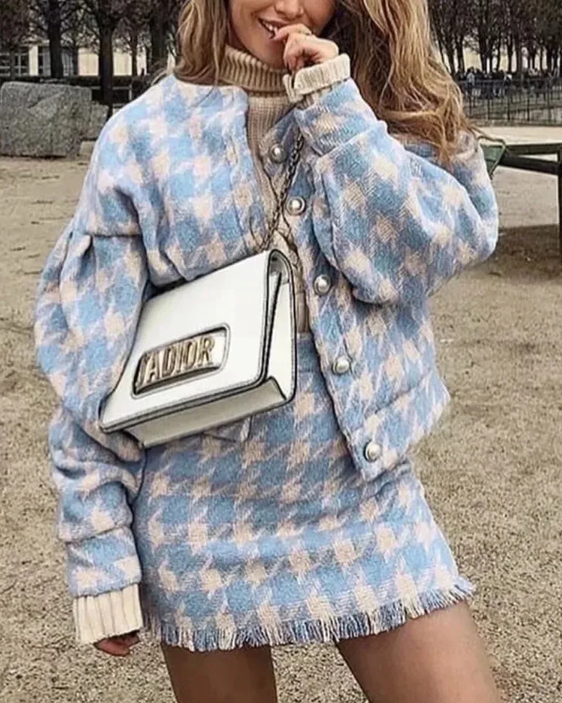 Houndstooth Beaded Buckle Long Sleeve Short Jacket Skirt Dress Suit