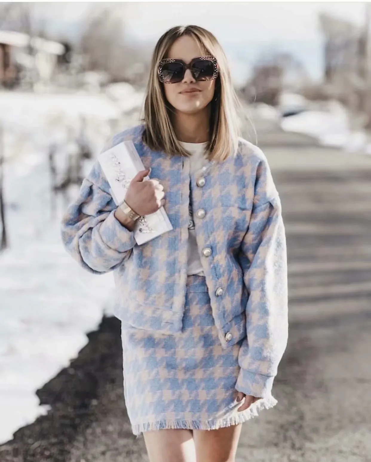 Houndstooth Beaded Buckle Long Sleeve Short Jacket Skirt Dress Suit