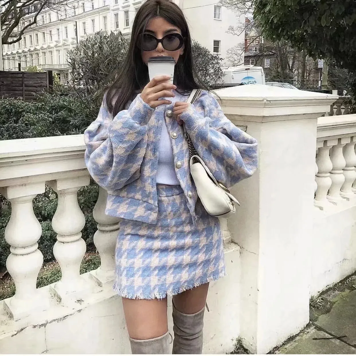 Houndstooth Beaded Buckle Long Sleeve Short Jacket Skirt Dress Suit