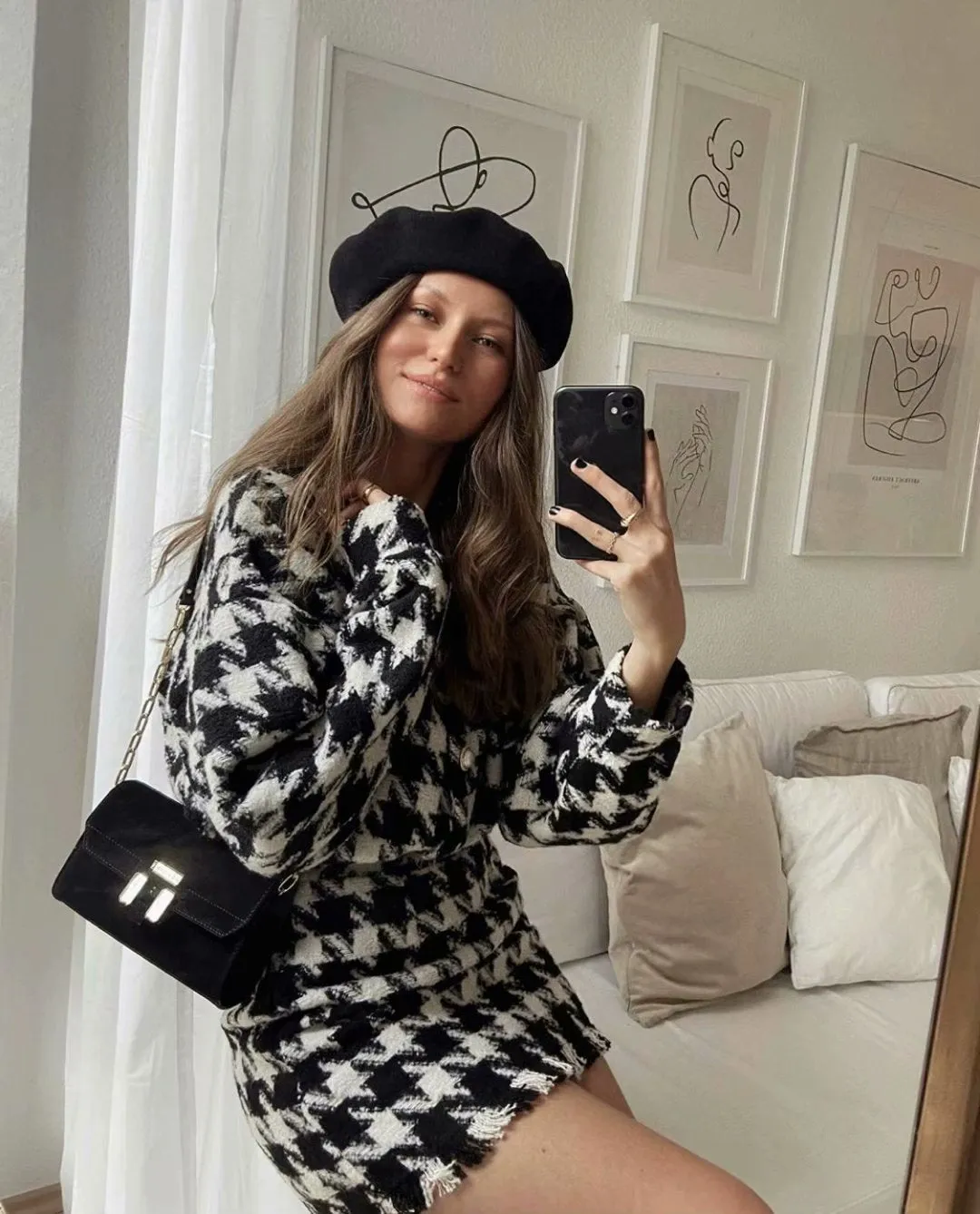Houndstooth Beaded Buckle Long Sleeve Short Jacket Skirt Dress Suit