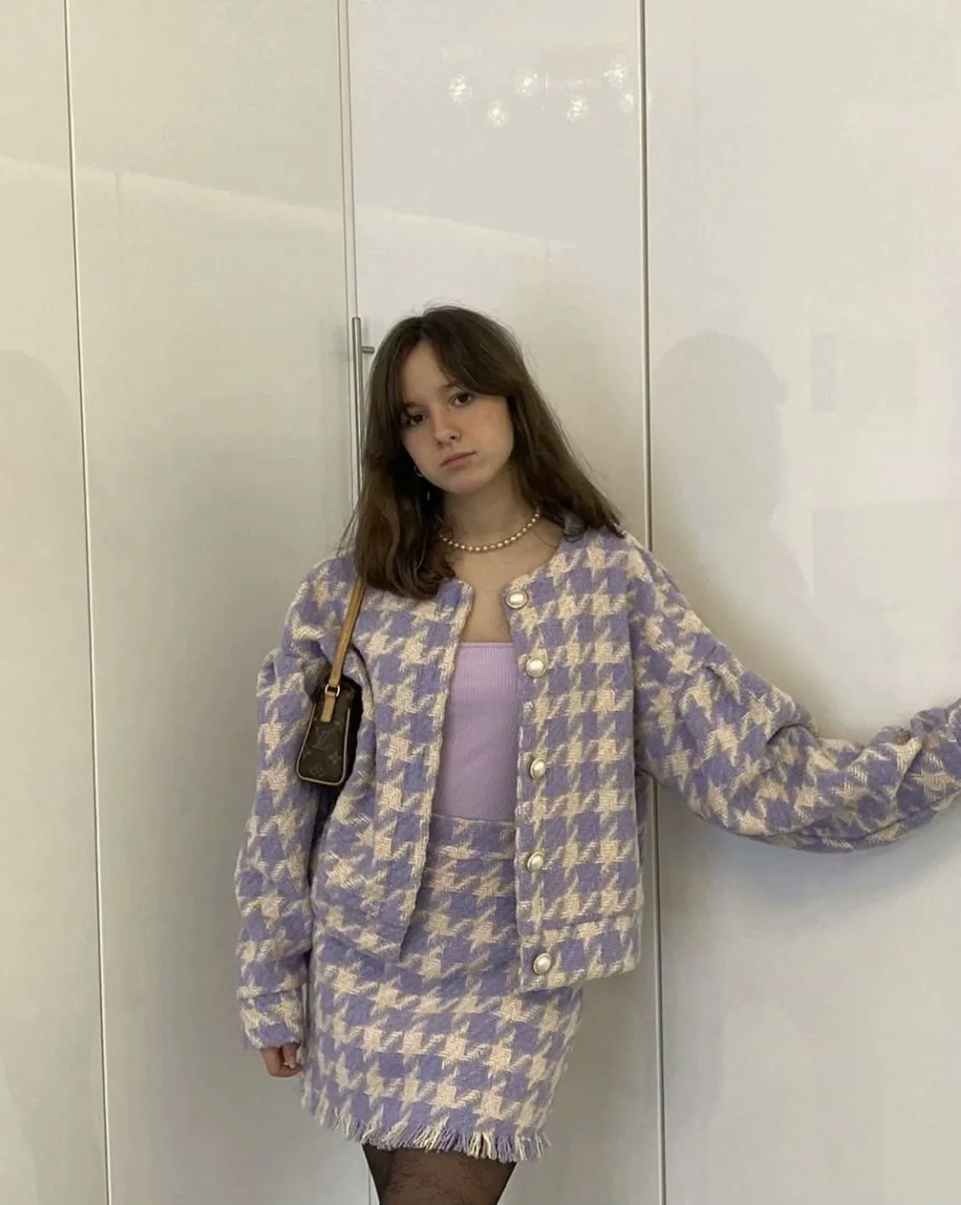 Houndstooth Beaded Buckle Long Sleeve Short Jacket Skirt Dress Suit