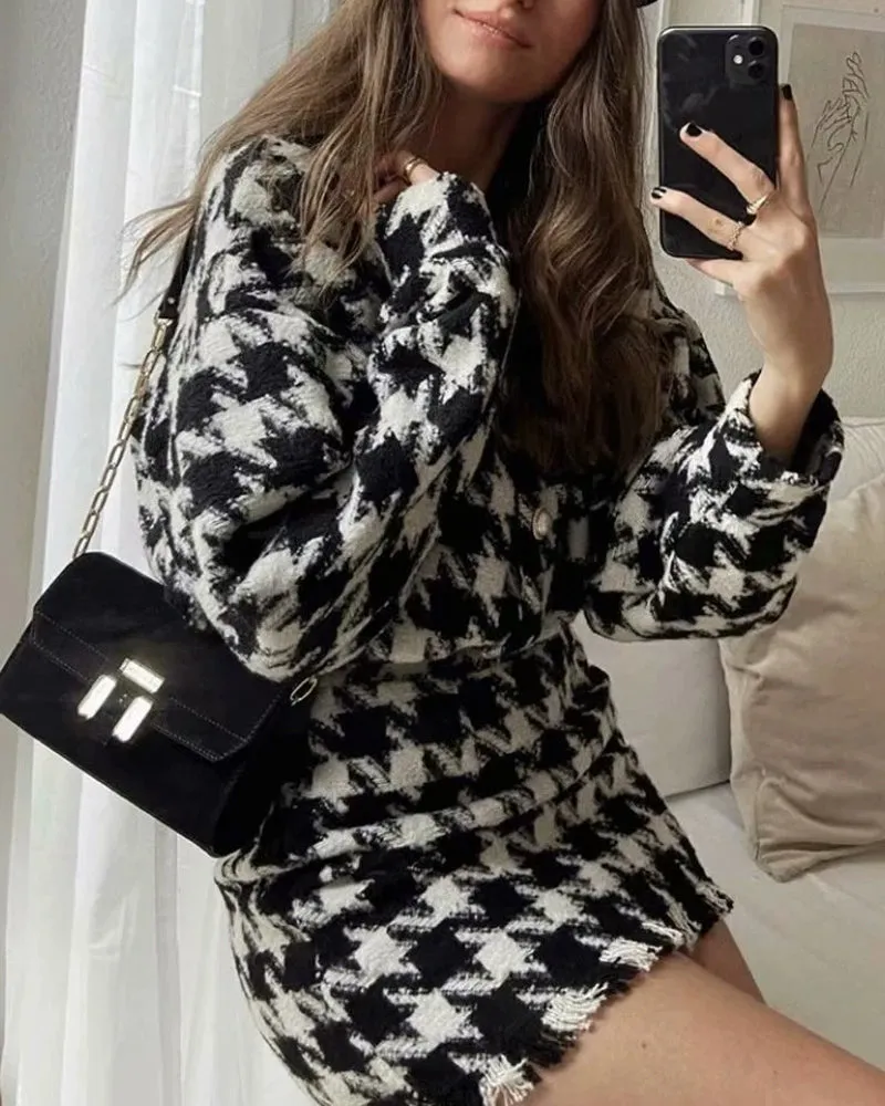 Houndstooth Beaded Buckle Long Sleeve Short Jacket Skirt Dress Suit
