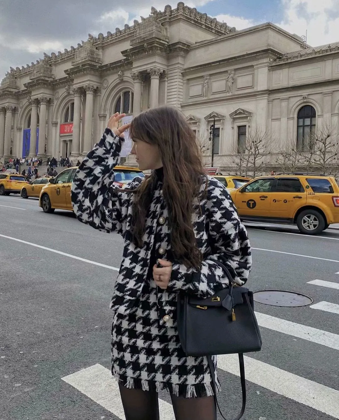 Houndstooth Beaded Buckle Long Sleeve Short Jacket Skirt Dress Suit