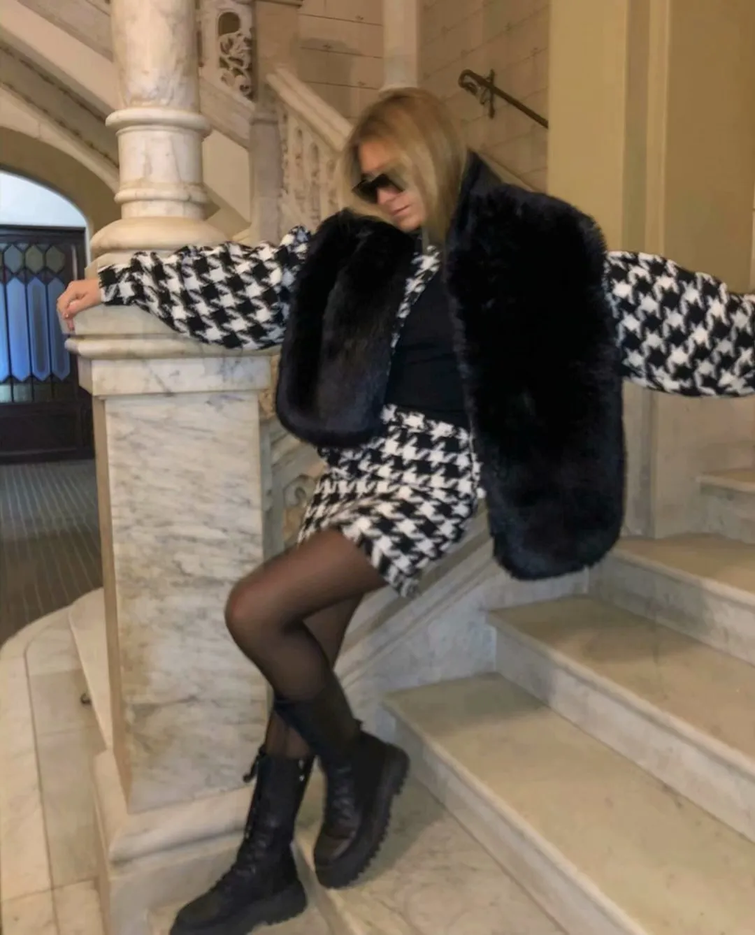 Houndstooth Beaded Buckle Long Sleeve Short Jacket Skirt Dress Suit