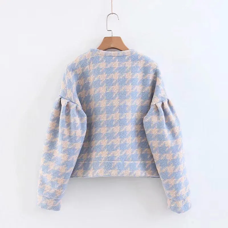 Houndstooth Beaded Buckle Long Sleeve Short Jacket Skirt Dress Suit