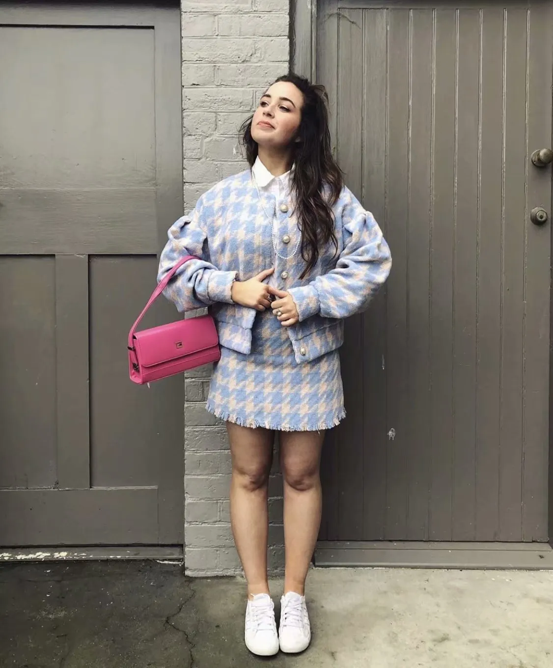Houndstooth Beaded Buckle Long Sleeve Short Jacket Skirt Dress Suit