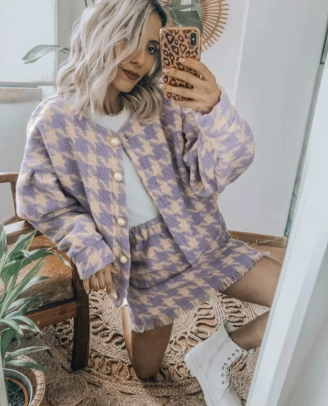 Houndstooth Beaded Buckle Long Sleeve Short Jacket Skirt Dress Suit