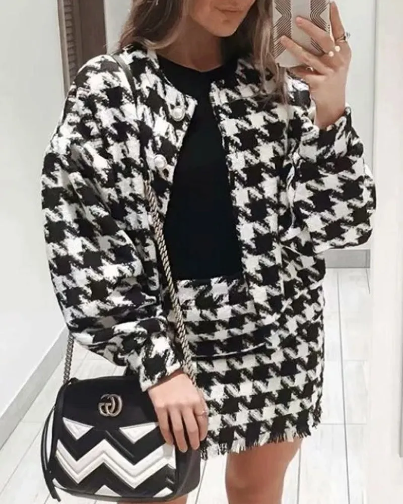 Houndstooth Beaded Buckle Long Sleeve Short Jacket Skirt Dress Suit