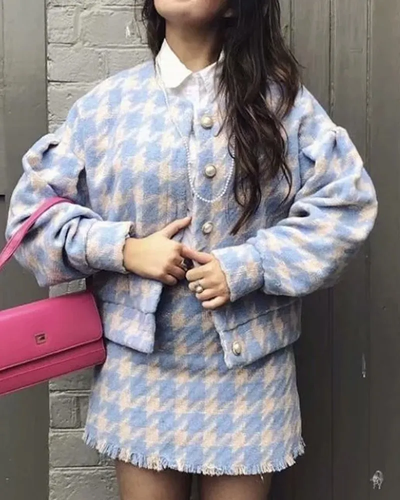 Houndstooth Beaded Buckle Long Sleeve Short Jacket Skirt Dress Suit