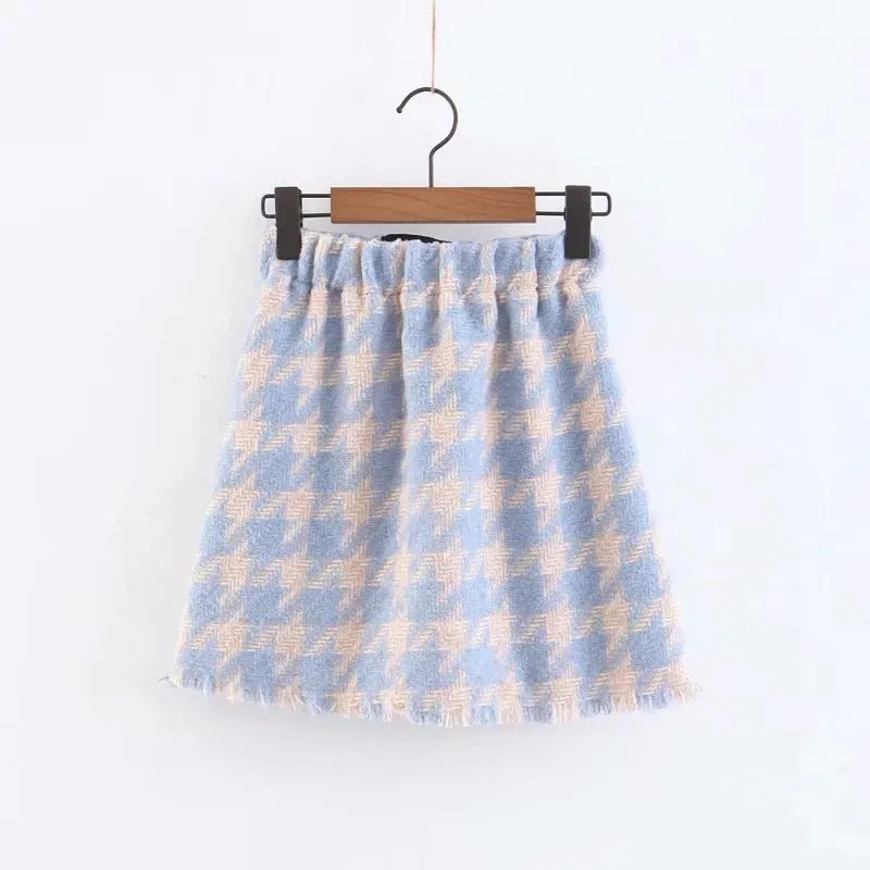 Houndstooth Beaded Buckle Long Sleeve Short Jacket Skirt Dress Suit