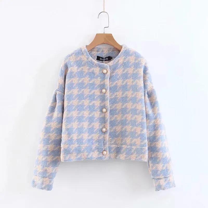 Houndstooth Beaded Buckle Long Sleeve Short Jacket Skirt Dress Suit