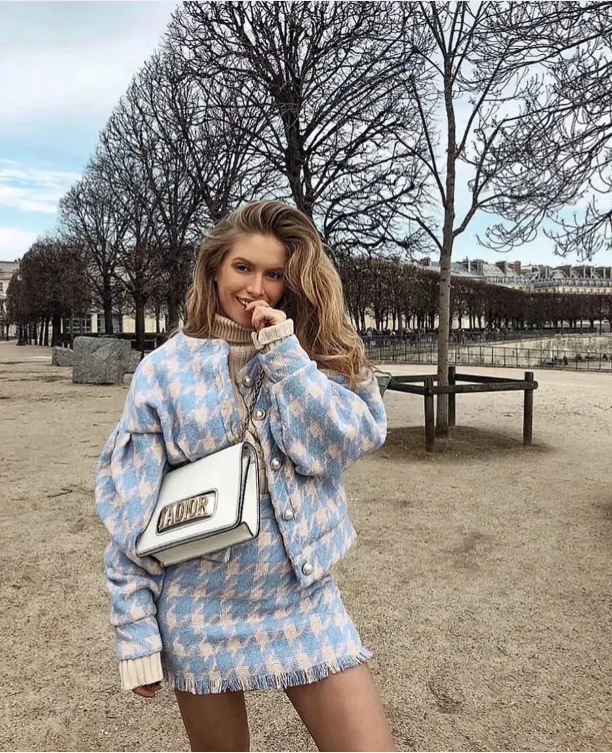 Houndstooth Beaded Buckle Long Sleeve Short Jacket Skirt Dress Suit
