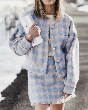 Houndstooth Beaded Buckle Long Sleeve Short Jacket Skirt Dress Suit