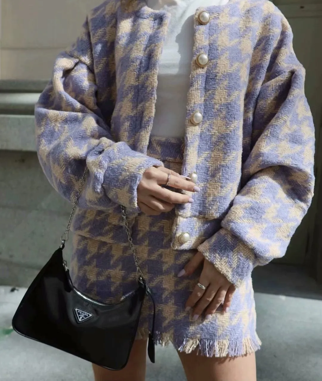Houndstooth Beaded Buckle Long Sleeve Short Jacket Skirt Dress Suit