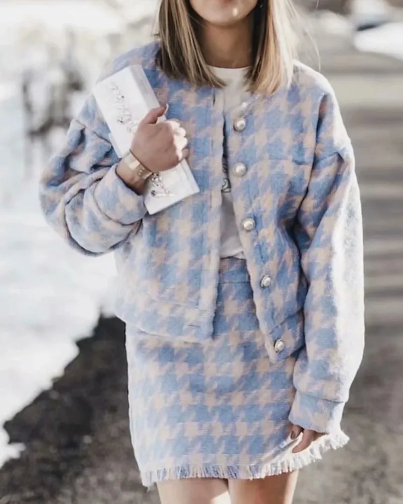Houndstooth Beaded Buckle Long Sleeve Short Jacket Skirt Dress Suit