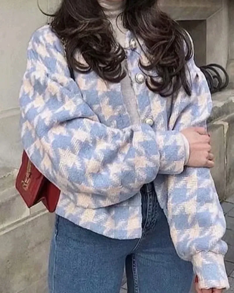 Houndstooth Beaded Buckle Long Sleeve Short Jacket Skirt Dress Suit