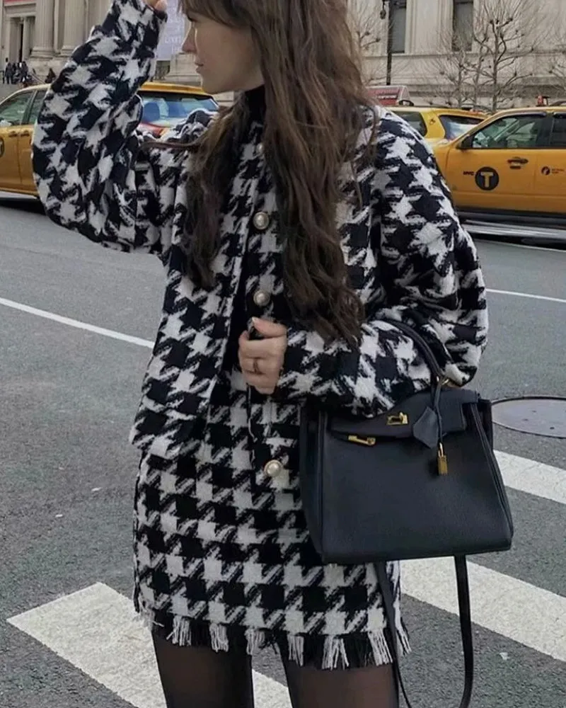 Houndstooth Beaded Buckle Long Sleeve Short Jacket Skirt Dress Suit