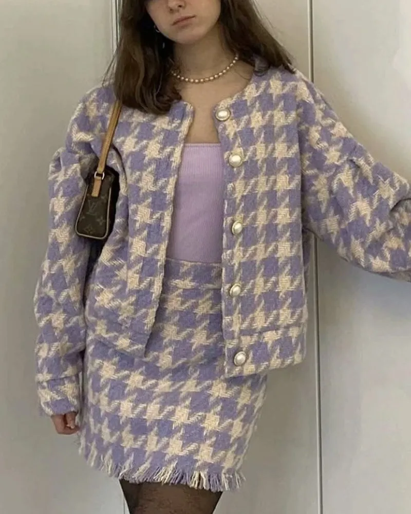 Houndstooth Beaded Buckle Long Sleeve Short Jacket Skirt Dress Suit