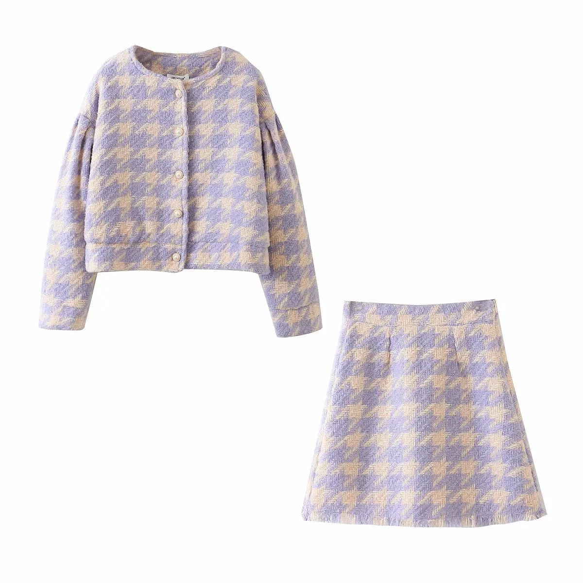 Houndstooth Beaded Buckle Long Sleeve Short Jacket Skirt Dress Suit