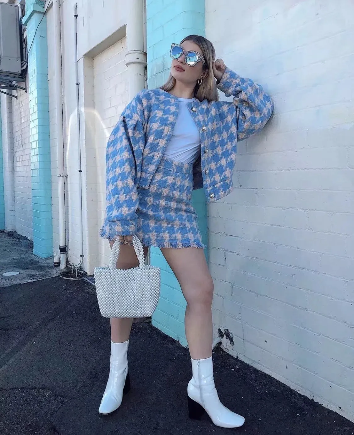 Houndstooth Beaded Buckle Long Sleeve Short Jacket Skirt Dress Suit