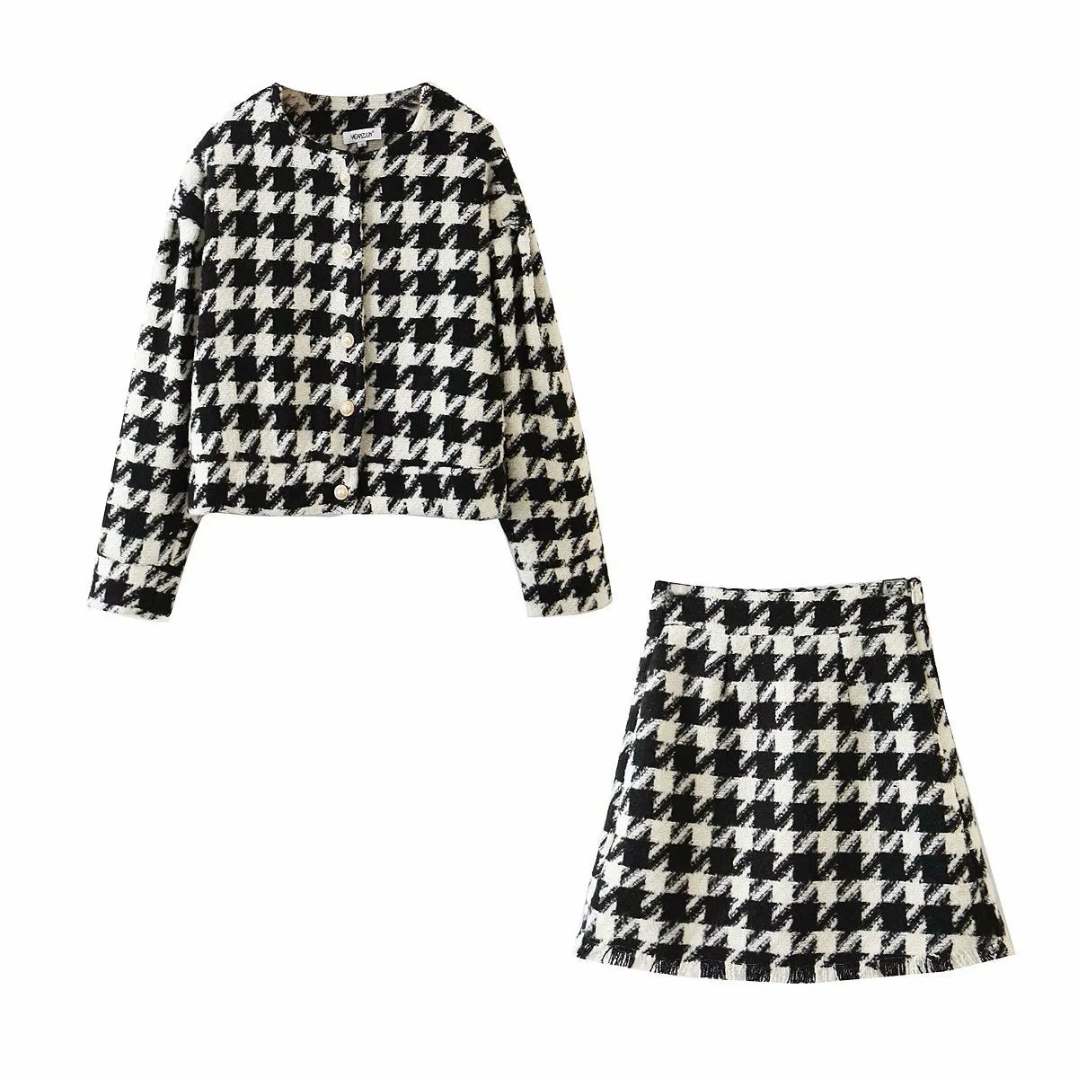 Houndstooth Beaded Buckle Long Sleeve Short Jacket Skirt Dress Suit