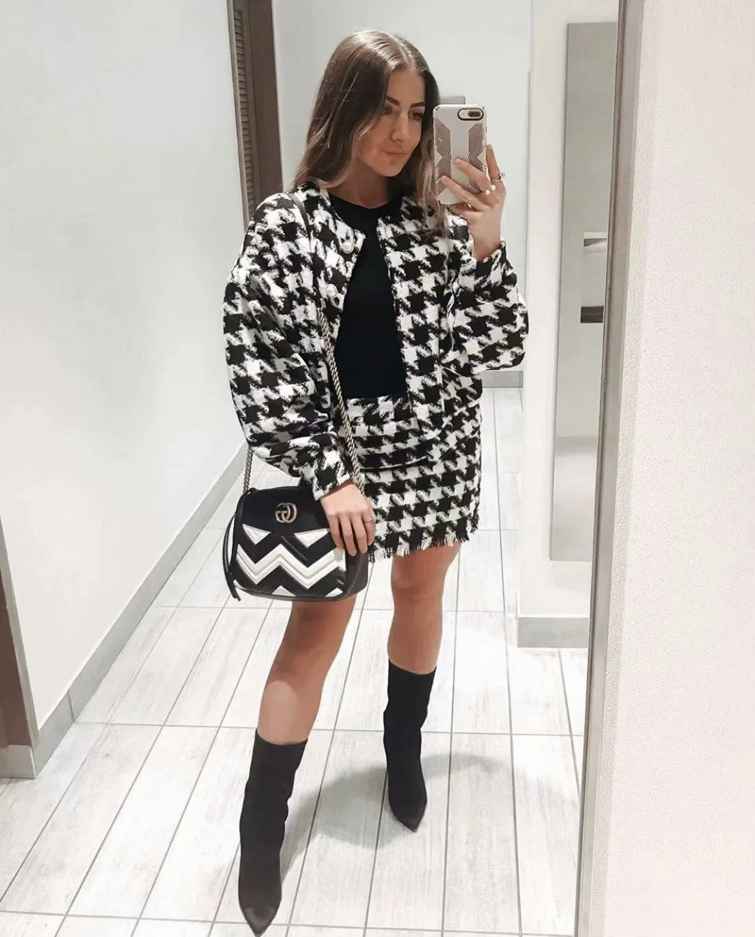 Houndstooth Beaded Buckle Long Sleeve Short Jacket Skirt Dress Suit