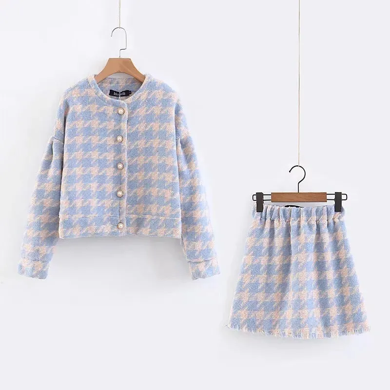 Houndstooth Beaded Buckle Long Sleeve Short Jacket Skirt Dress Suit