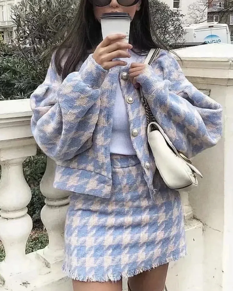 Houndstooth Beaded Buckle Long Sleeve Short Jacket Skirt Dress Suit