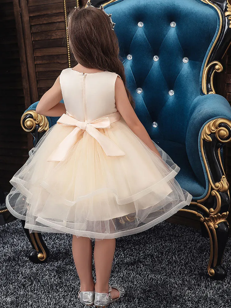 Jewel Neck Polyester Sleeveless Short Ball Gown Bows Kids Social Party Dresses