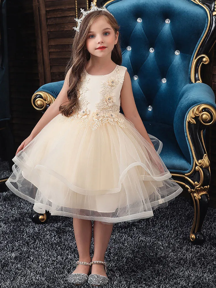 Jewel Neck Polyester Sleeveless Short Ball Gown Bows Kids Social Party Dresses