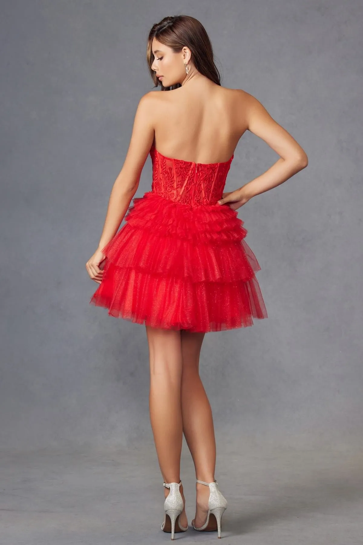 Juliet JT918A Dress Strapless Cocktail Leaf Lace Corset Bodice Ruffle Skirt