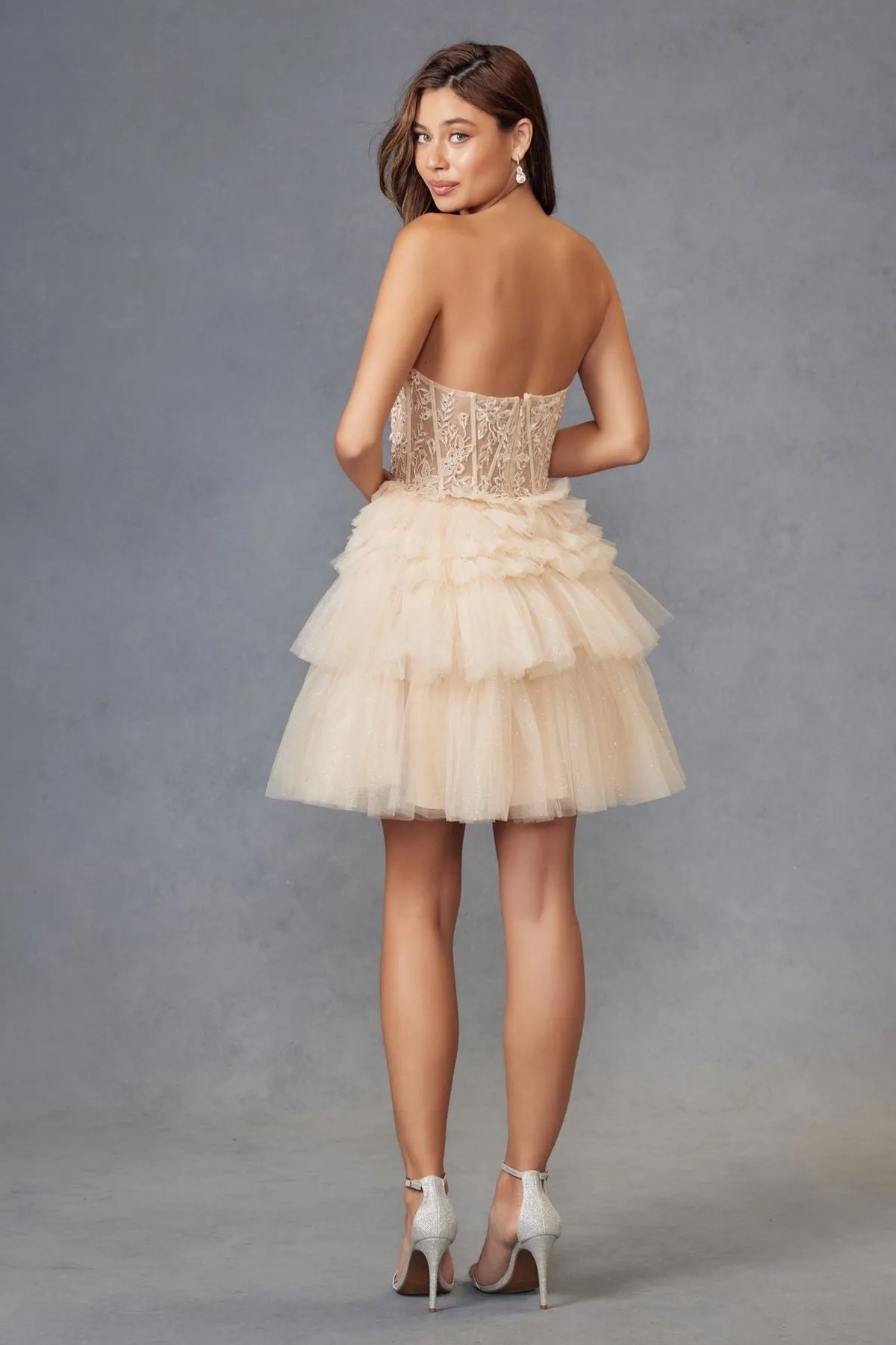 Juliet JT918A Dress Strapless Cocktail Leaf Lace Corset Bodice Ruffle Skirt