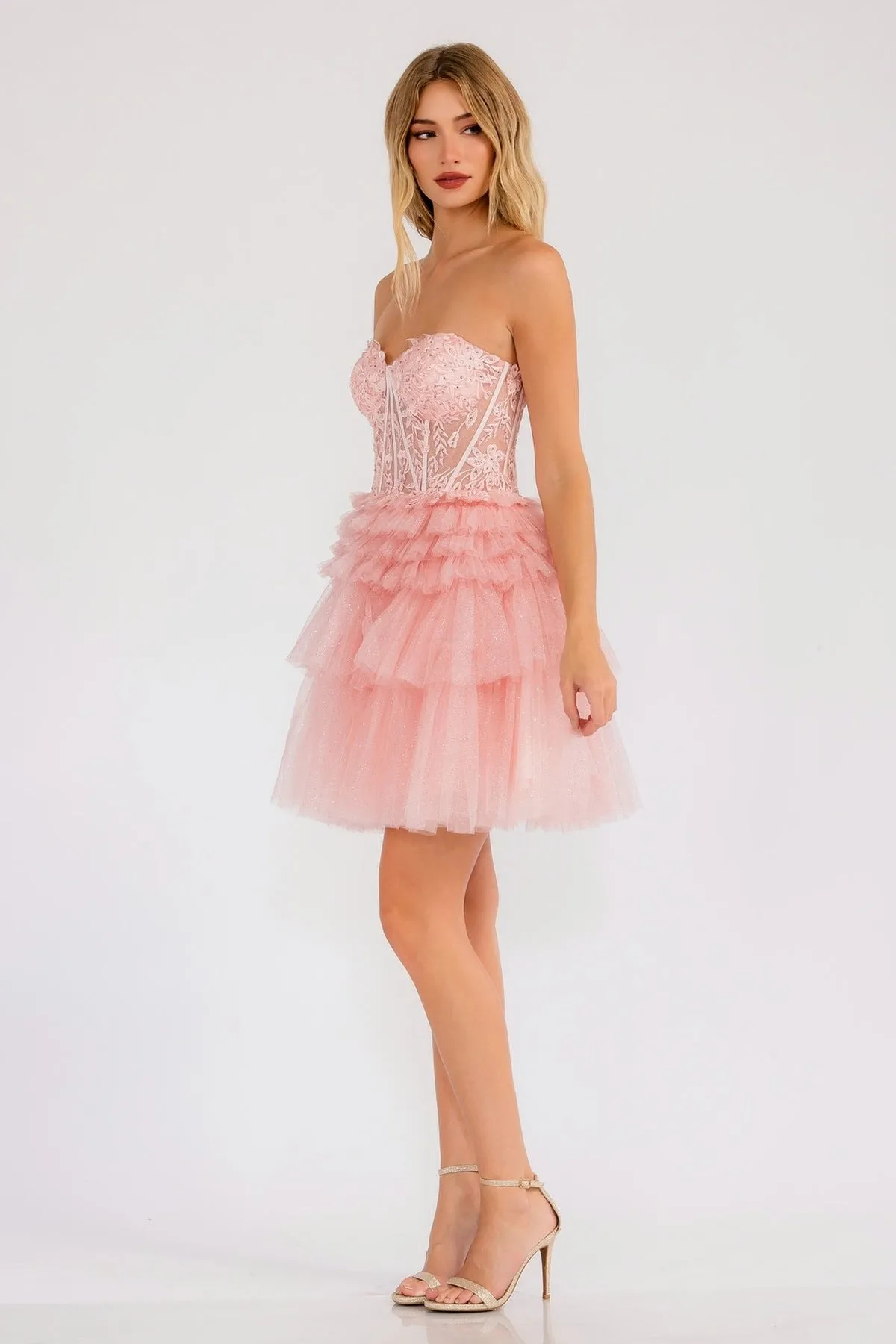 Juliet JT918A Dress Strapless Cocktail Leaf Lace Corset Bodice Ruffle Skirt