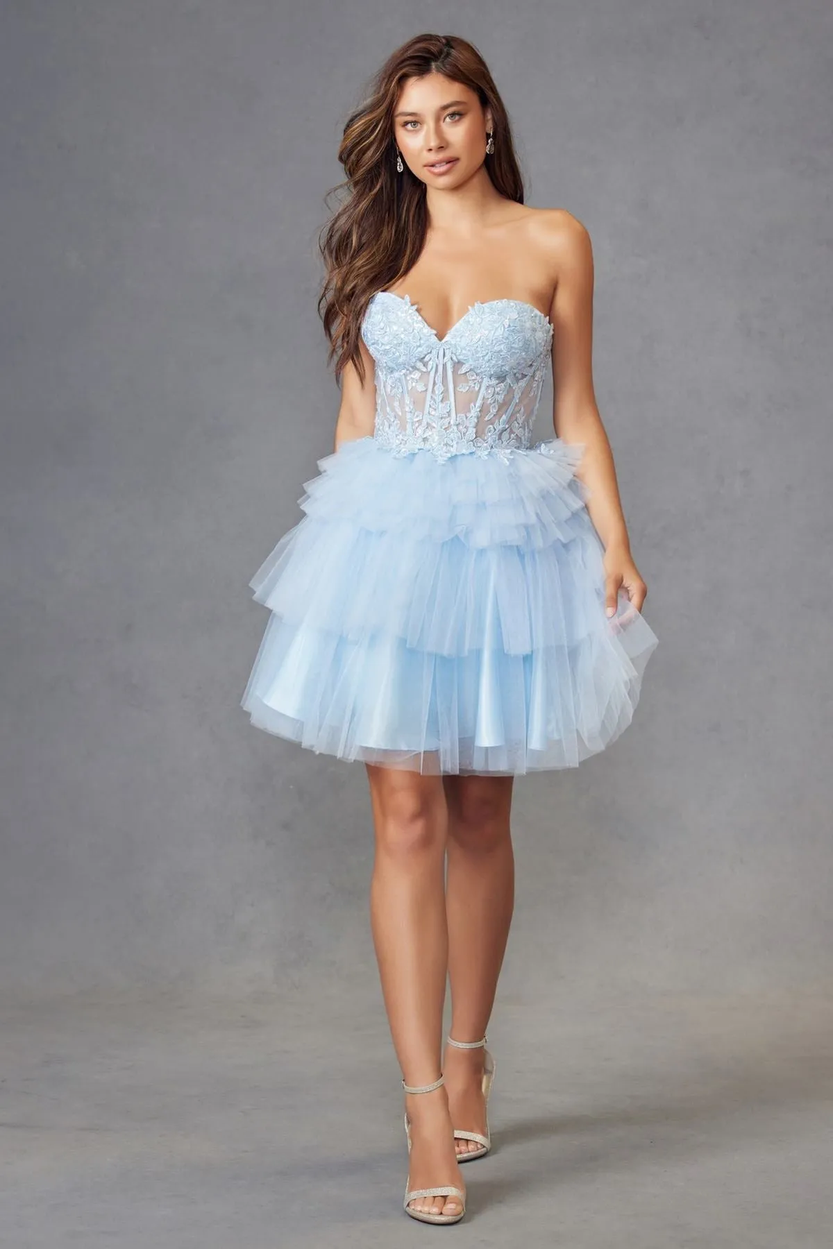 Juliet JT918A Dress Strapless Cocktail Leaf Lace Corset Bodice Ruffle Skirt