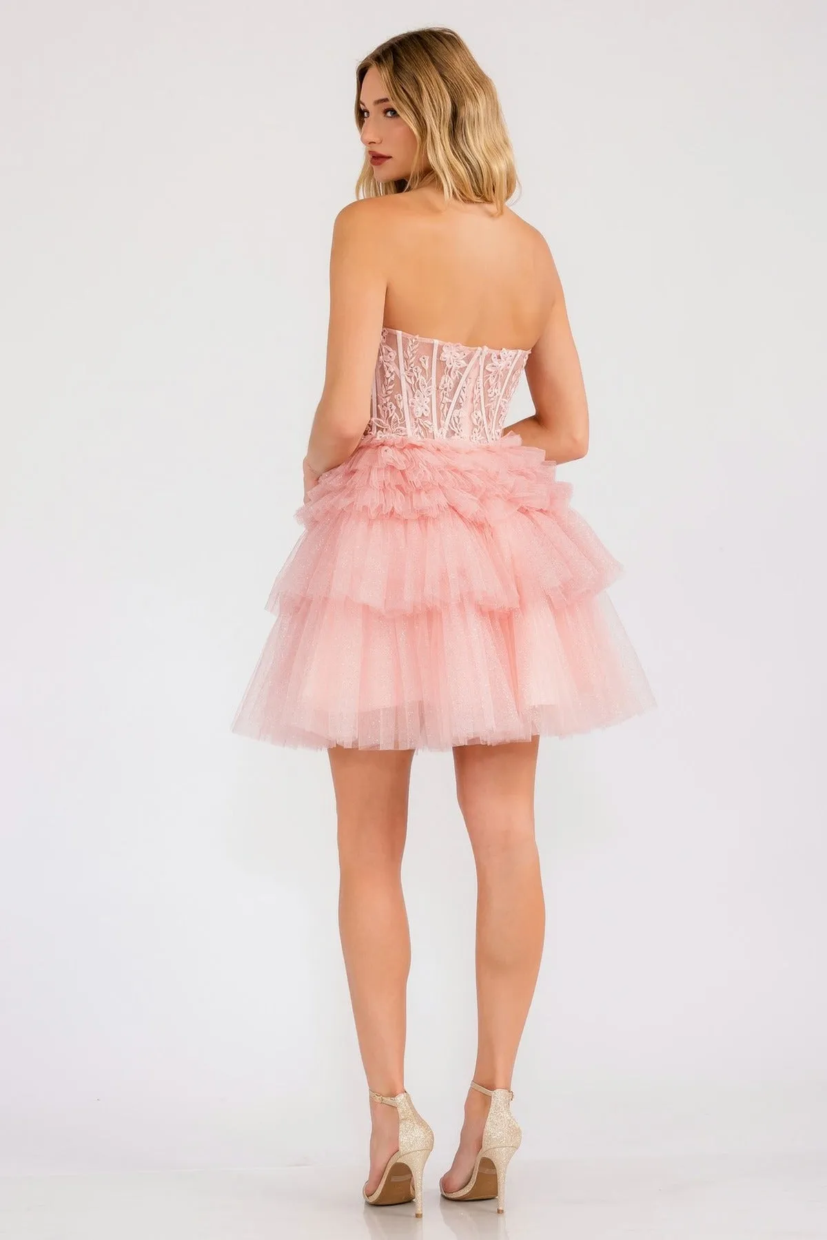 Juliet JT918A Dress Strapless Cocktail Leaf Lace Corset Bodice Ruffle Skirt