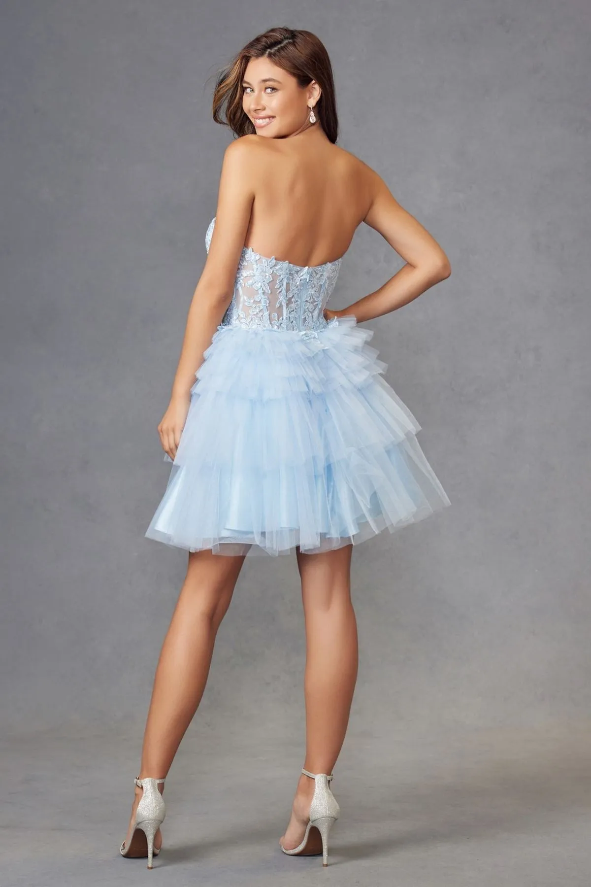Juliet JT918A Dress Strapless Cocktail Leaf Lace Corset Bodice Ruffle Skirt