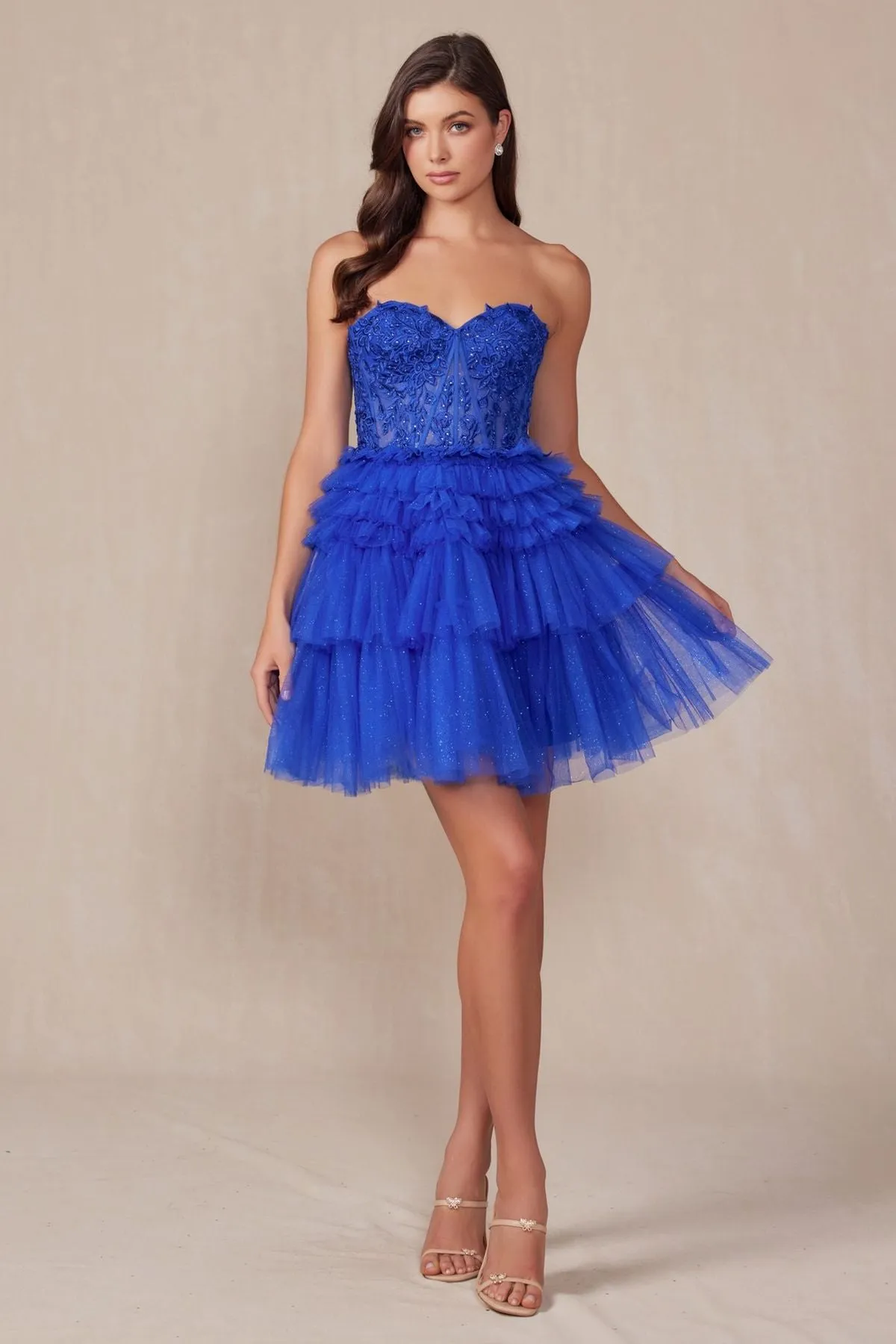 Juliet JT918A Dress Strapless Cocktail Leaf Lace Corset Bodice Ruffle Skirt