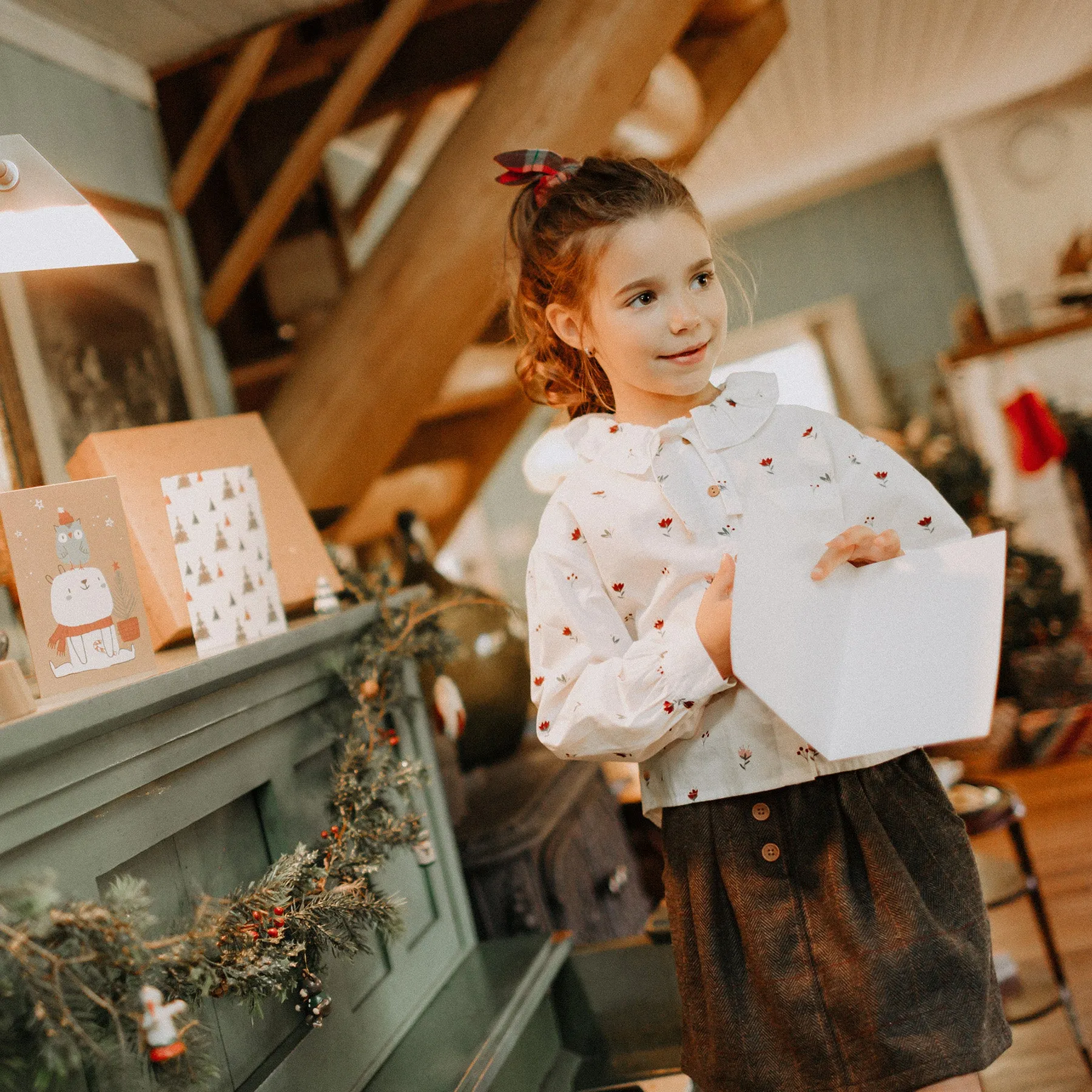 Jupe de tweed grise à chevrons, enfant || Grey herringbone tweed skirt, child
